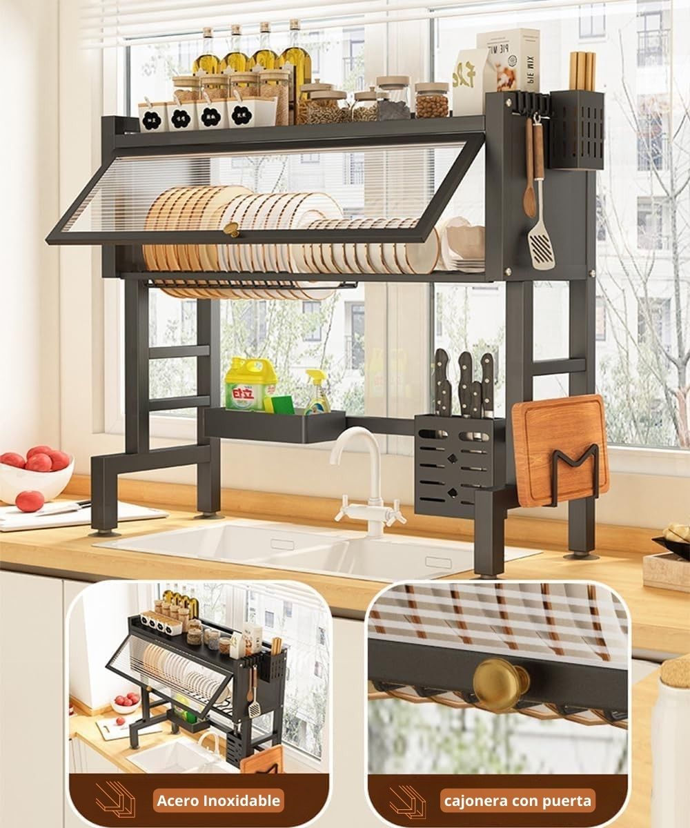 Escurridor de Platos con Tapa, ahorrador de Espacio 2 escurridor de platos ahorra espacio con puerta 12