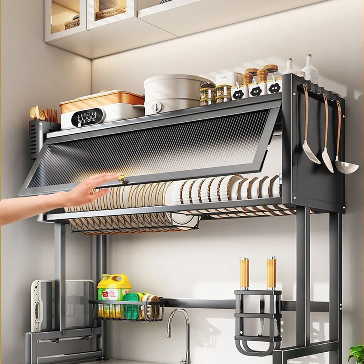 Escurridor de Platos con Tapa, ahorrador de Espacio 4 escurridor de platos ahorra espacio con puerta 4