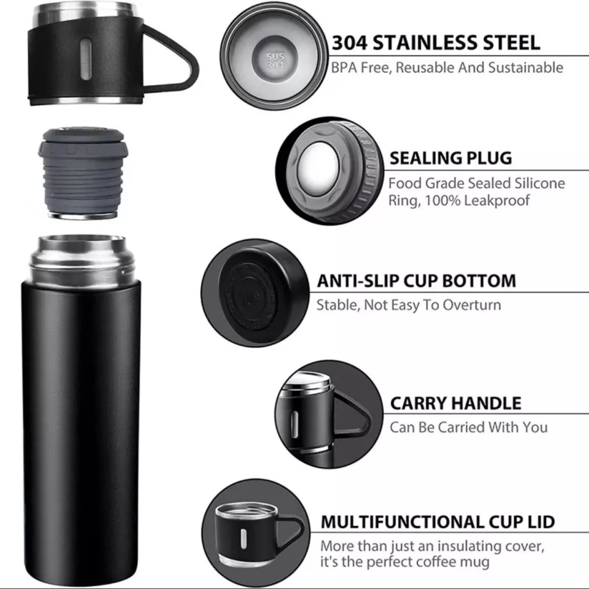 set termo y pocillos de acero inoxidable 500ml 1